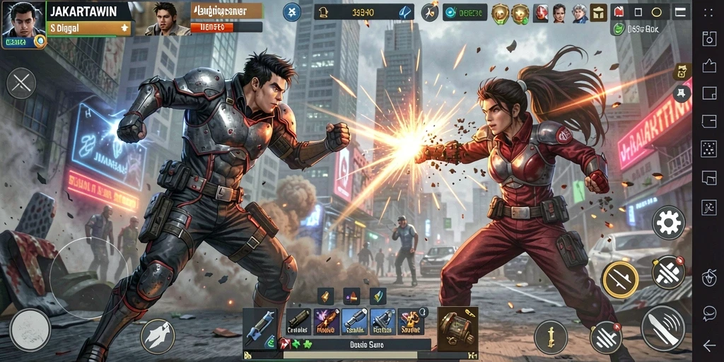 Tampilan pertarungan seru dalam JAKARTAWIN dengan suasana arena yang dinamis.