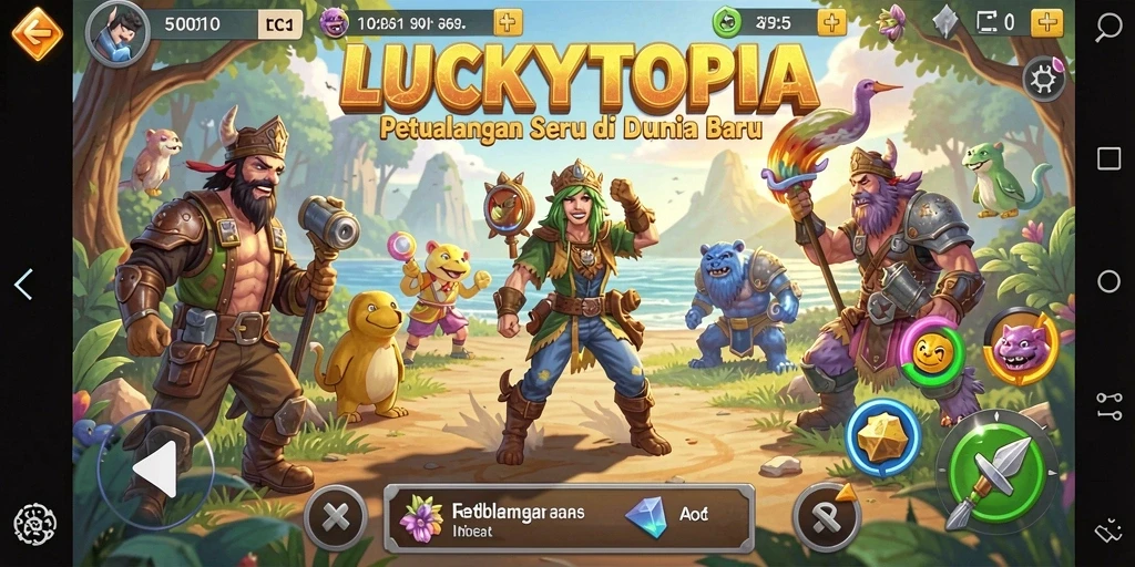 Tangkapan layar gameplay LUCKYTOPIA menampilkan petualangan seru dan lokasi menakjubkan.