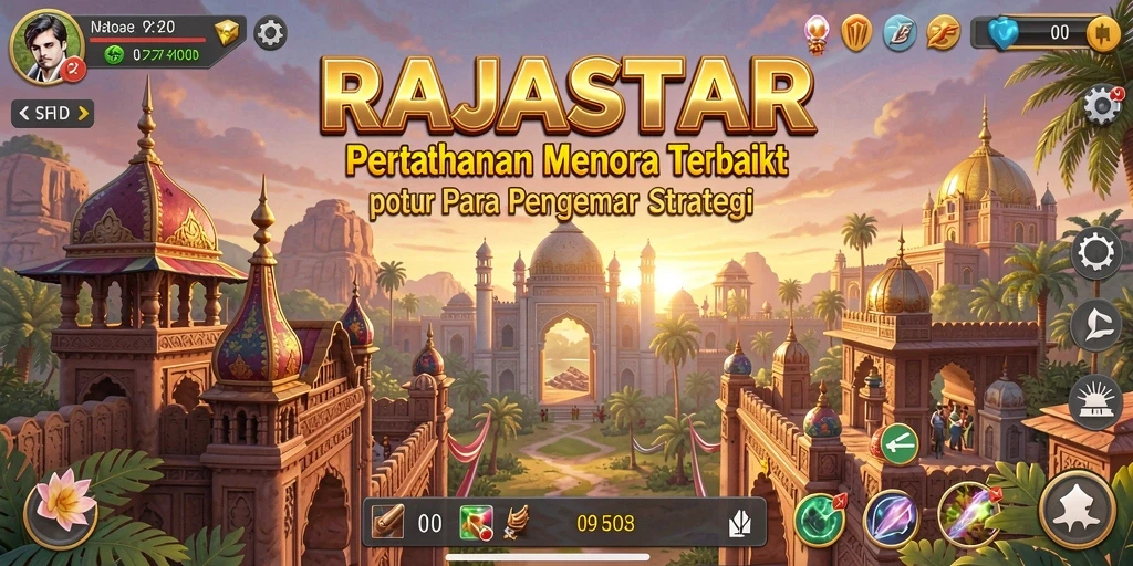 Gameplay RAJASTAR dengan menara dan strategi pertahanan yang seru.