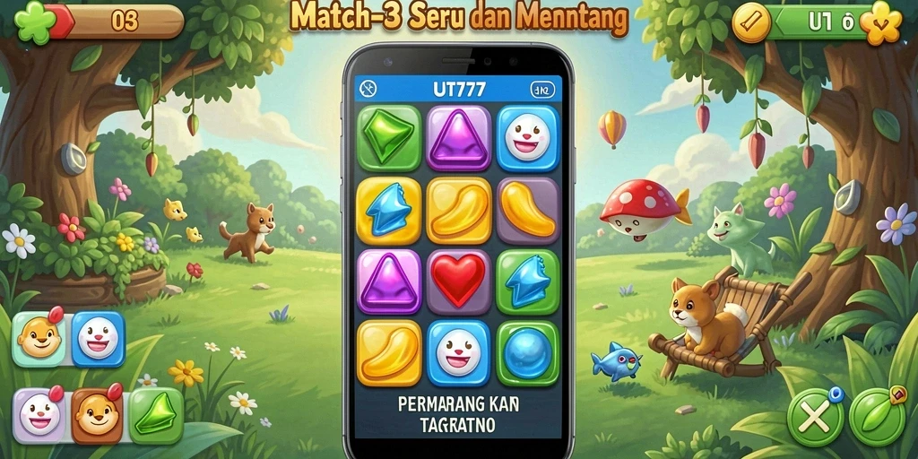 Screenshot UT77 menampilkan gameplay seru game Match-3 yang menantang.