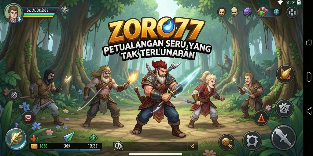 Screenshot ZORO77 menunjukkan karakter menjelajahi dunia misterius.